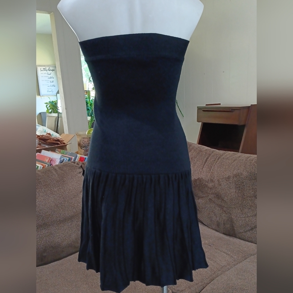 Gizel Mini Black Knit Ribbed Dress Pleated Strapless Drop Waist Tube Top Size S - Picture 2 of 11